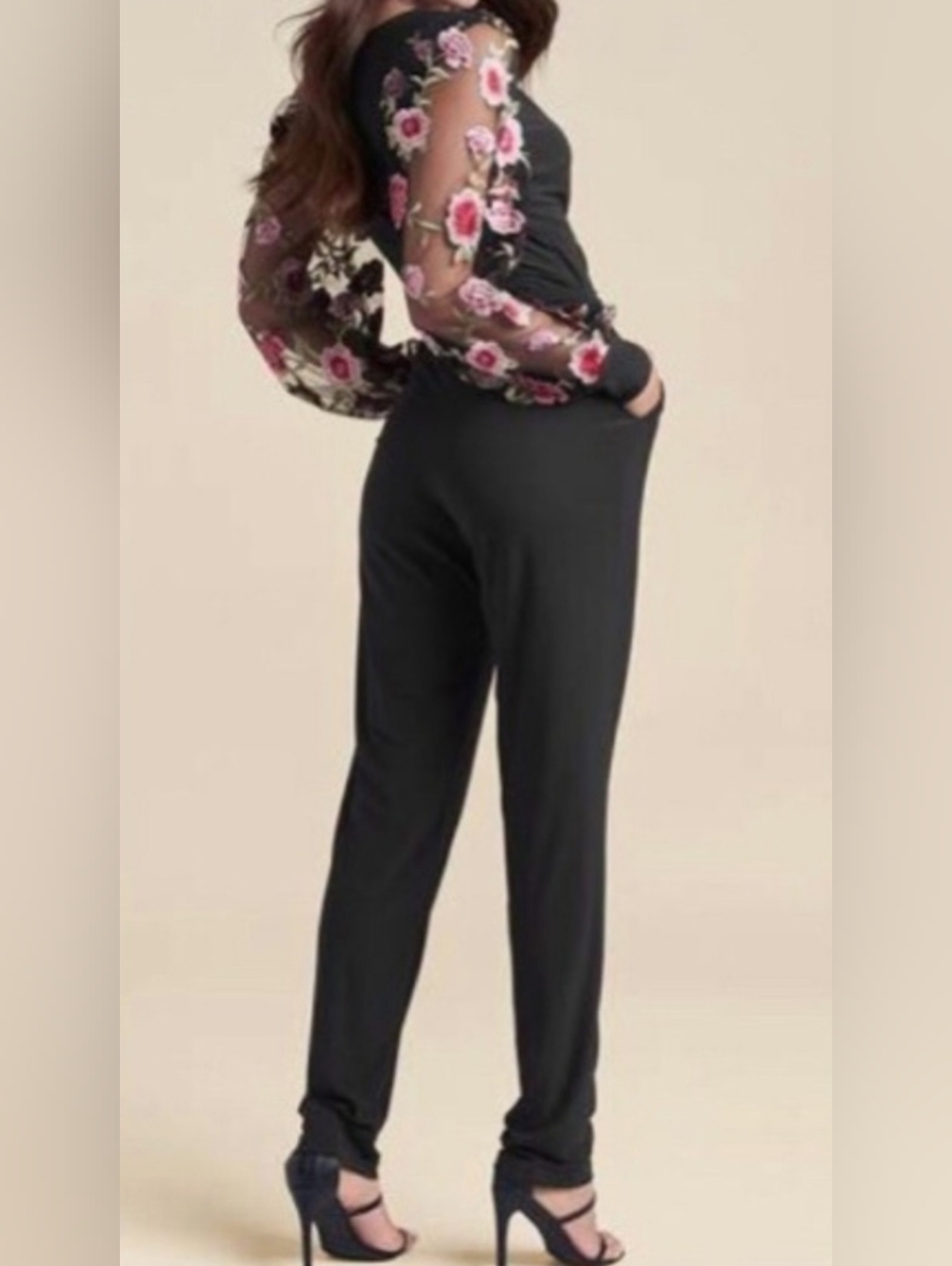 VENUS Black Wrap Jumpsuit with Floral Sheer Sleeves - Large - Picture 2 of 6